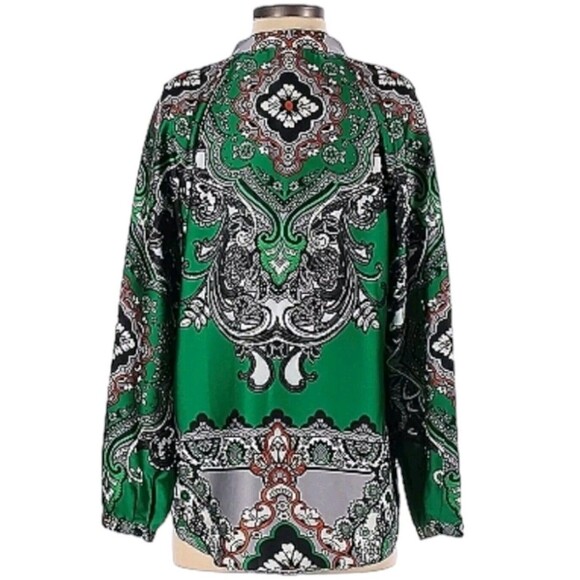 Chico's Paisley Tunic Top Size S/0 Long Sleeve V-Neck Blouse Green Black White - Picture 2 of 7